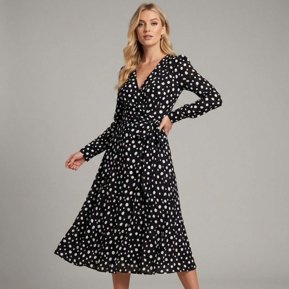Reformation Bea Polka Dot Wrap Dress - Size: XS - Ruffle Hem - Black White